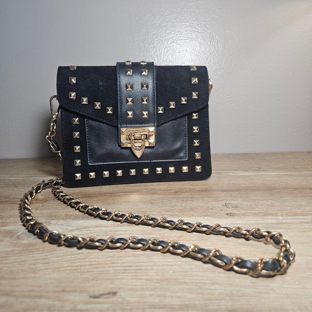 MW Black Suede/Leather Studded Crossbody- Gold Hardware Edginess Goth Biker Emo